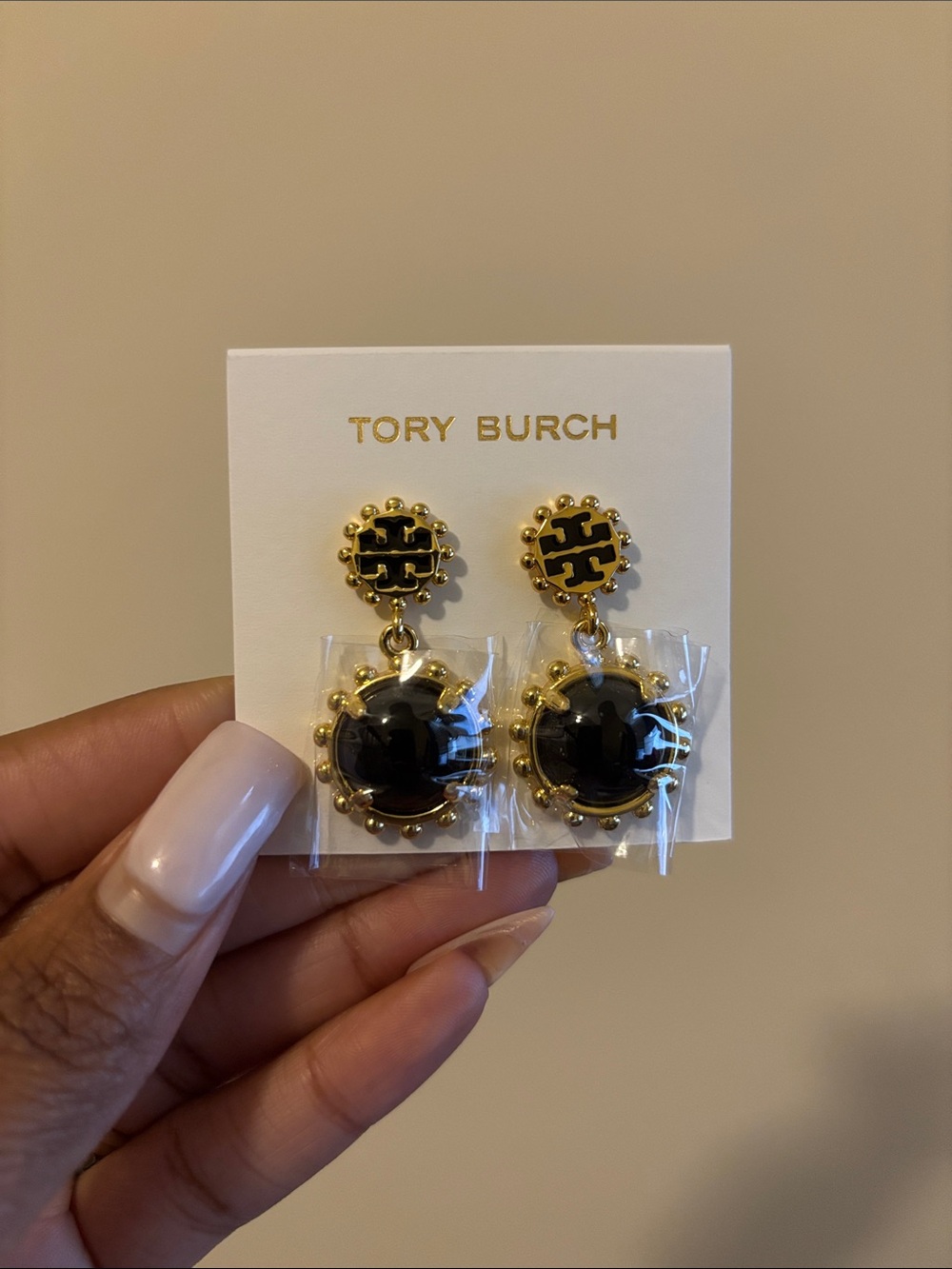 Tory Burch Black and Gold Medallion Drop Earrings